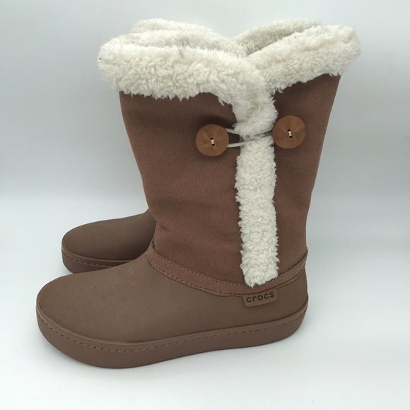 Crocs Modessa Faux Fur Suede Button Tan White Tall Comfort Warm‎ Boots Womens 6 - Picture 1 of 8